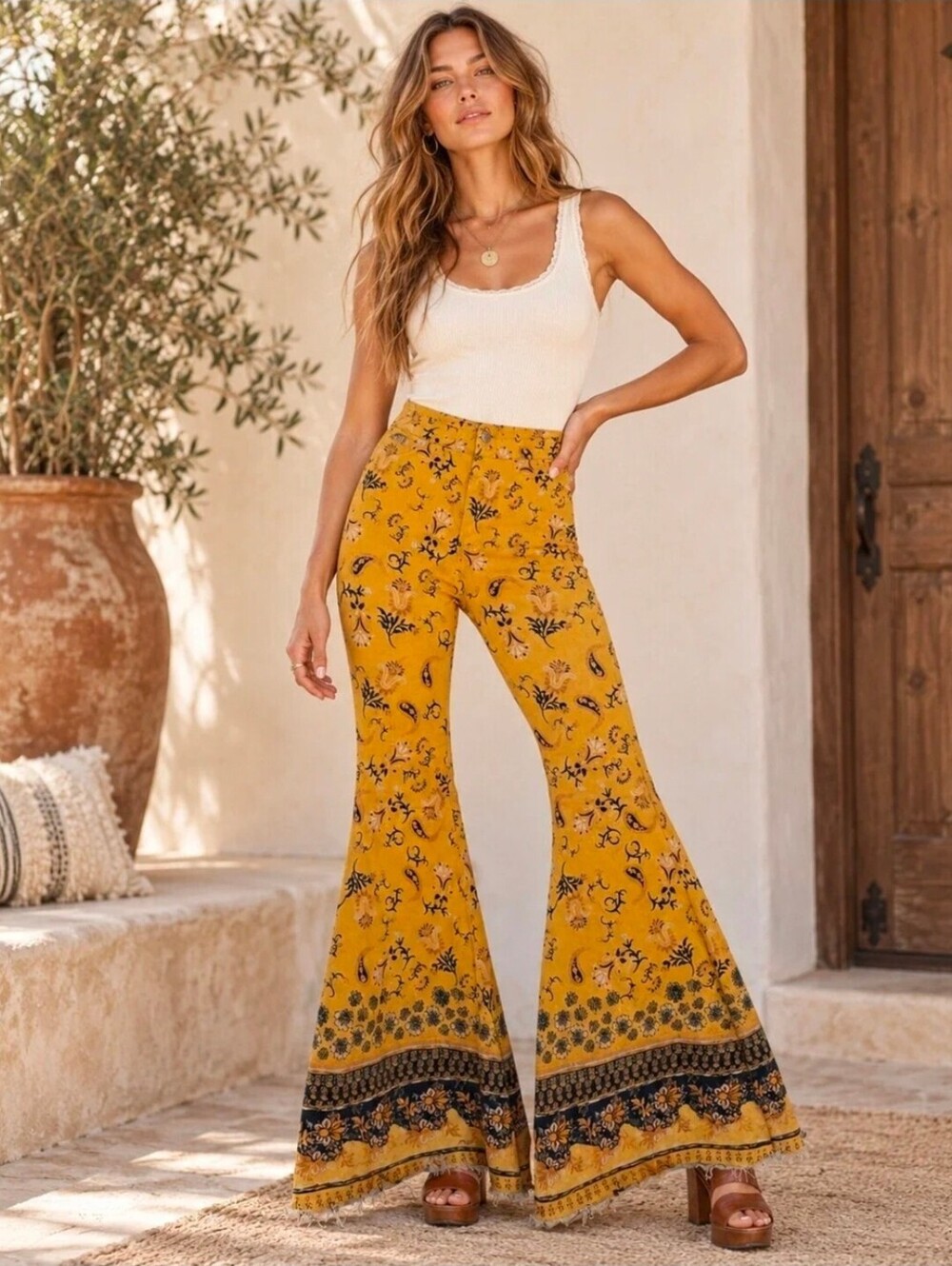 Free People Yellow Floral Flared Jeans W24